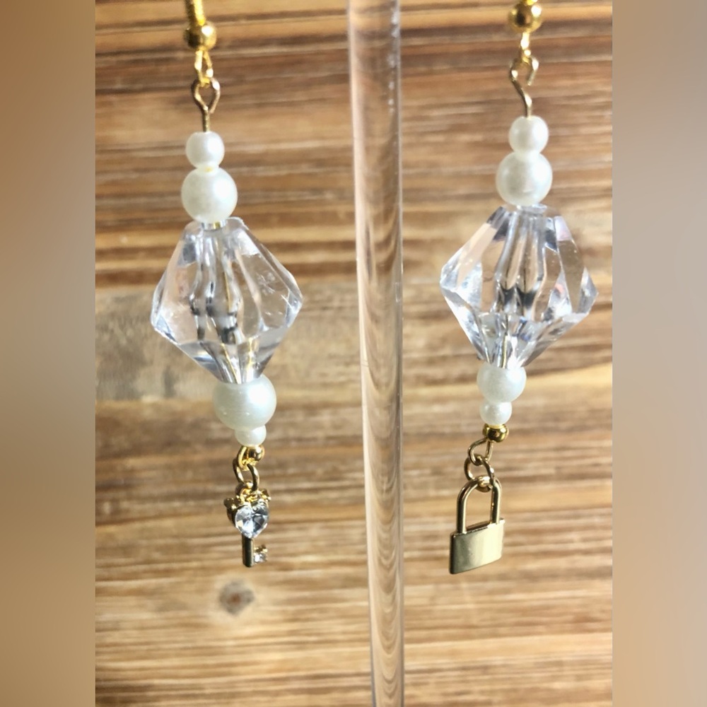 Handmade Boho Lock and Key Gold and Clear Earrings